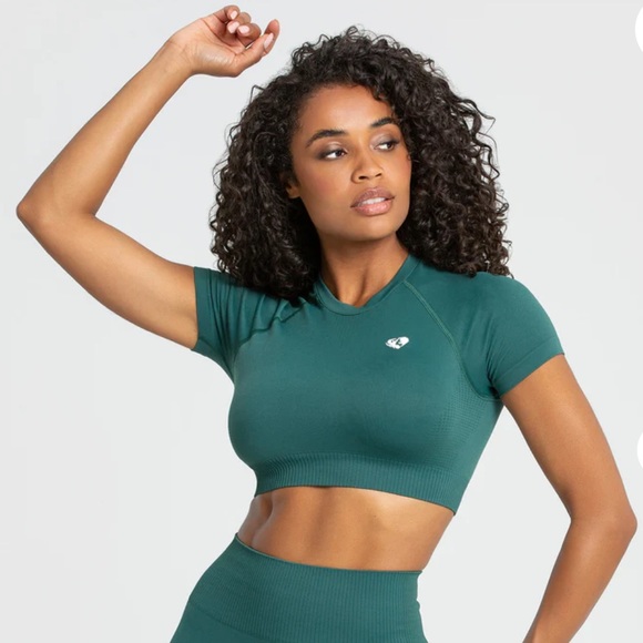 NWT Women’s Best Forest Green Power Seamless Short Sleeve Gym Crop Top Size XXL - Picture 3 of 6